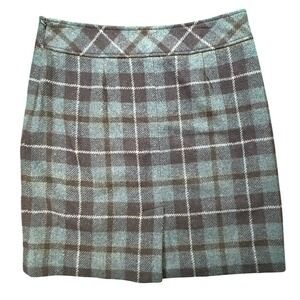 L.L.Bean Wool Plaid A-Line Skirt Mini Skirt Tweed Tartan Brown Blue 12 Petite